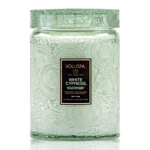 large embossed glass jar white cypress.j